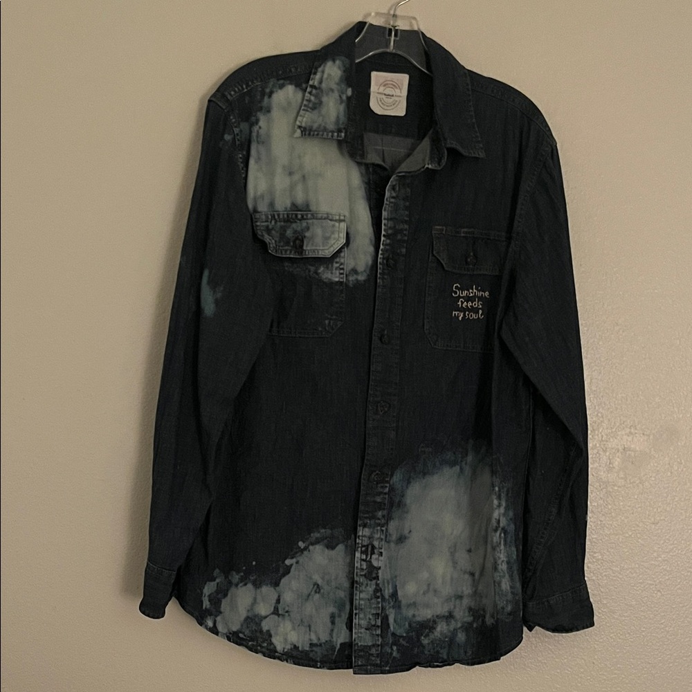 Black Denim Shirt with White Tie-Dye Accents